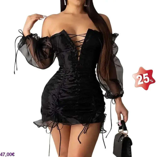 Vestido de fiesta negro sexy para mujer con encaje de malla - Magic Fajas Shop